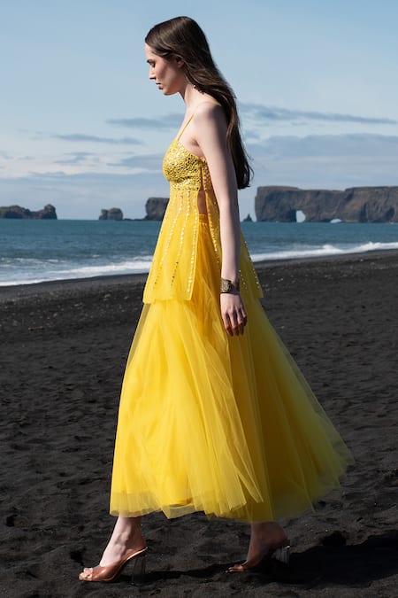 Shop Dash And Dot Yellow Nylon Mirrors Square Neck Hand Embroidered Peplum Top And Skirt Set Online at Aza Fashions Shop_Dash And Dot_Yellow Nylon Mirrors Square Neck Hand Embroidered Peplum Top And Skirt Set _Online_at_Aza_Fashions