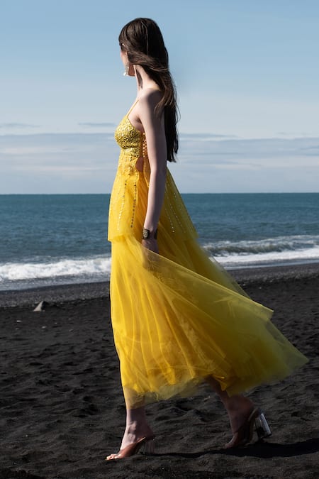 Dash And Dot Yellow Nylon Mirrors Square Neck Hand Embroidered Peplum Top And Skirt Set at Aza Fashions Dash And Dot_Yellow Nylon Mirrors Square Neck Hand Embroidered Peplum Top And Skirt Set _at_Aza_Fashions