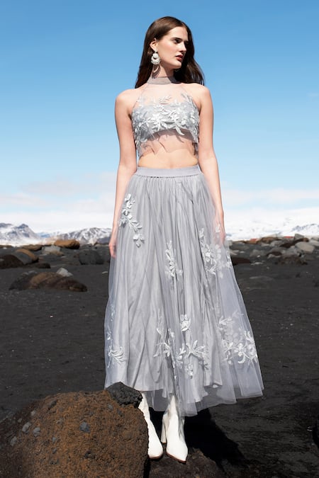 Dash And Dot Grey Nylon Embroidery, Gota Patti High Neck Floral Top And Skirt Set Online at Aza Fashions Dash And Dot_Grey Nylon Embroidery, Gota Patti High Neck Floral Top And Skirt Set _Online_at_Aza_Fashions