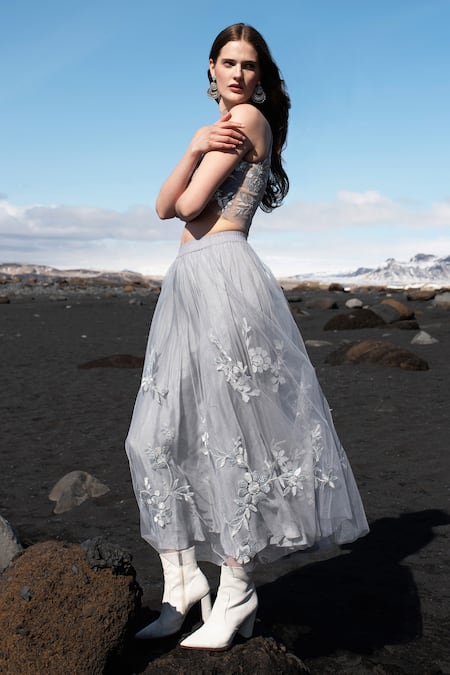 Dash And Dot Grey Nylon Embroidery, Gota Patti High Neck Floral Top And Skirt Set at Aza Fashions Dash And Dot_Grey Nylon Embroidery, Gota Patti High Neck Floral Top And Skirt Set _at_Aza_Fashions
