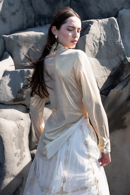 Shop Dash And Dot Gold Polyester, Nylon Embroidery Collared Shirt And Skirt Set at Aza Fashions Shop_Dash And Dot_Gold Polyester, Nylon Embroidery Collared Shirt And Skirt Set _at_Aza_Fashions