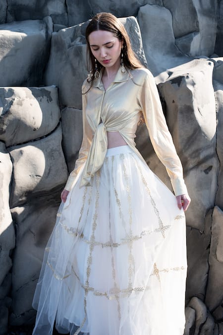 Dash And Dot Gold Polyester, Nylon Embroidery Collared Shirt And Skirt Set Online at Aza Fashions Dash And Dot_Gold Polyester, Nylon Embroidery Collared Shirt And Skirt Set _Online_at_Aza_Fashions