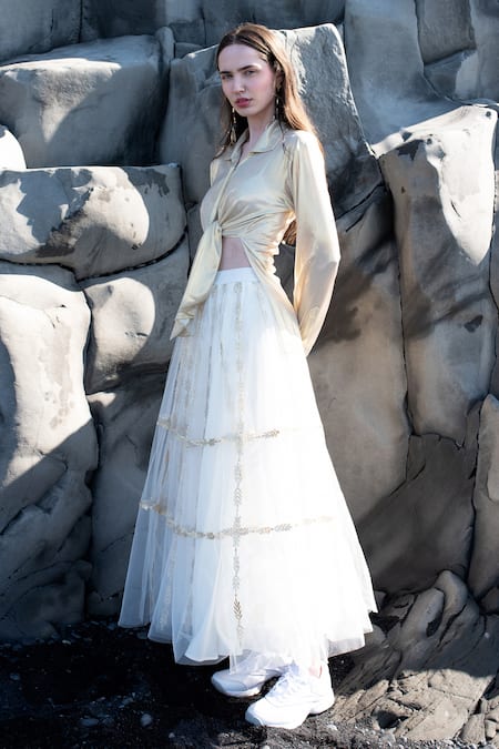 Buy Dash And Dot Gold Polyester, Nylon Embroidery Collared Shirt And Skirt Set Online at Aza Fashions Buy_Dash And Dot_Gold Polyester, Nylon Embroidery Collared Shirt And Skirt Set _Online_at_Aza_Fashions