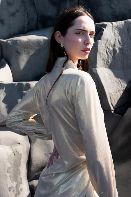 Shop Dash And Dot Gold Polyester, Nylon Embroidery Collared Shirt And Skirt Set Online at Aza Fashions Shop_Dash And Dot_Gold Polyester, Nylon Embroidery Collared Shirt And Skirt Set _Online_at_Aza_Fashions