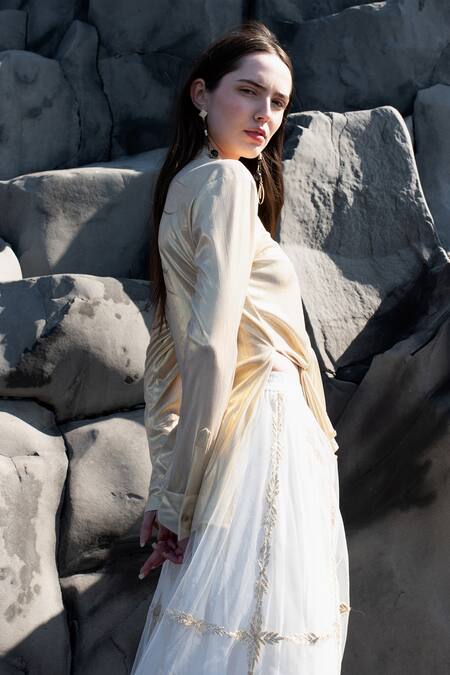 Dash And Dot Gold Polyester, Nylon Embroidery Collared Shirt And Skirt Set at Aza Fashions Dash And Dot_Gold Polyester, Nylon Embroidery Collared Shirt And Skirt Set _at_Aza_Fashions