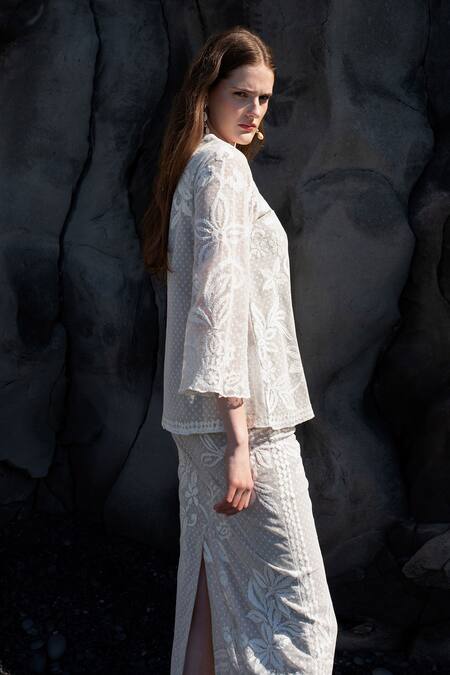 Dash And Dot White Cotton, Linen Embroidery Round Neck Top And Skirt Set Online at Aza Fashions Dash And Dot_White Cotton, Linen Embroidery Round Neck Top And Skirt Set _Online_at_Aza_Fashions
