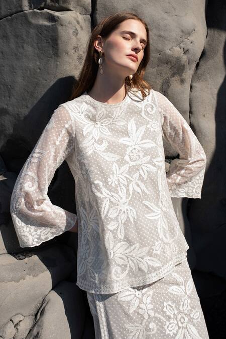 Buy Dash And Dot White Cotton, Linen Embroidery Round Neck Top And Skirt Set Online at Aza Fashions Buy_Dash And Dot_White Cotton, Linen Embroidery Round Neck Top And Skirt Set _Online_at_Aza_Fashions