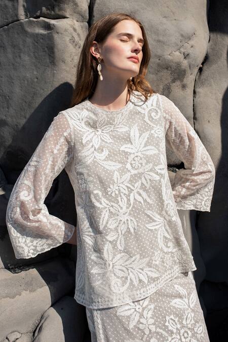 Shop Dash And Dot White Cotton, Linen Embroidery Round Neck Top And Skirt Set Online at Aza Fashions Shop_Dash And Dot_White Cotton, Linen Embroidery Round Neck Top And Skirt Set _Online_at_Aza_Fashions