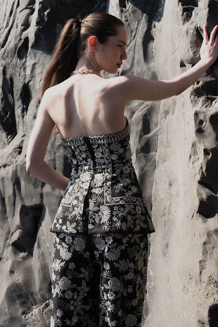 Shop_Dash And Dot_Black Polyester, Viscose, Spandex Embroidery Sweetheart Neck Corset And Pant Set _at_Aza_Fashions