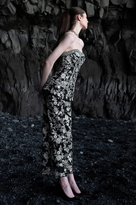 Dash And Dot_Black Polyester, Viscose, Spandex Embroidery Sweetheart Neck Corset And Pant Set _Online_at_Aza_Fashions