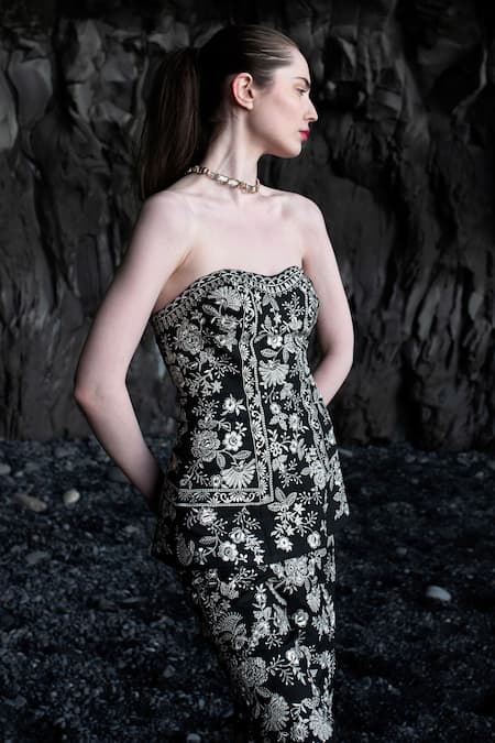Dash And Dot_Black Polyester, Viscose, Spandex Embroidery Sweetheart Neck Corset And Pant Set _at_Aza_Fashions