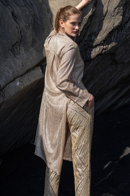 Shop_Dash And Dot_Silver Polyester, Nylon Gota Patti Collared Embroidered Shirt And Pant Set _at_Aza_Fashions