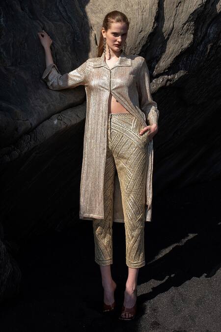Dash And Dot_Silver Polyester, Nylon Gota Patti Collared Embroidered Shirt And Pant Set _Online_at_Aza_Fashions