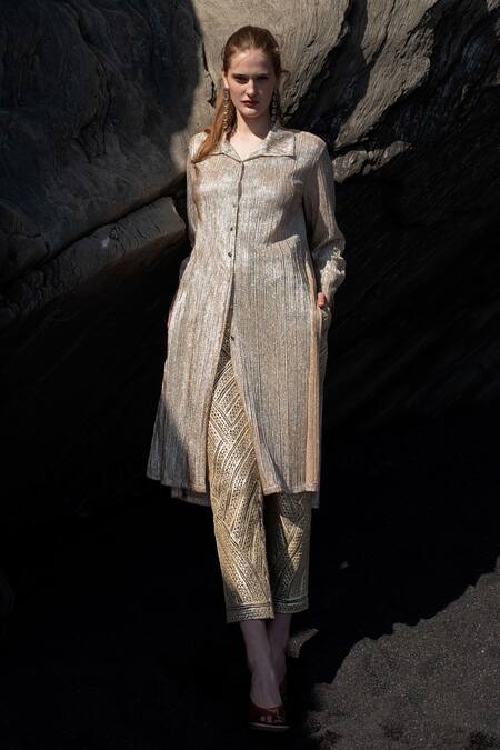 Buy_Dash And Dot_Silver Polyester, Nylon Gota Patti Collared Embroidered Shirt And Pant Set _Online_at_Aza_Fashions