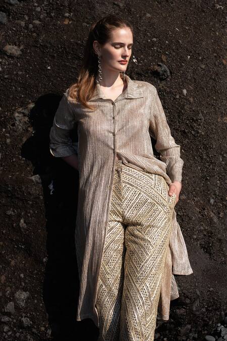 Shop_Dash And Dot_Silver Polyester, Nylon Gota Patti Collared Embroidered Shirt And Pant Set _Online_at_Aza_Fashions