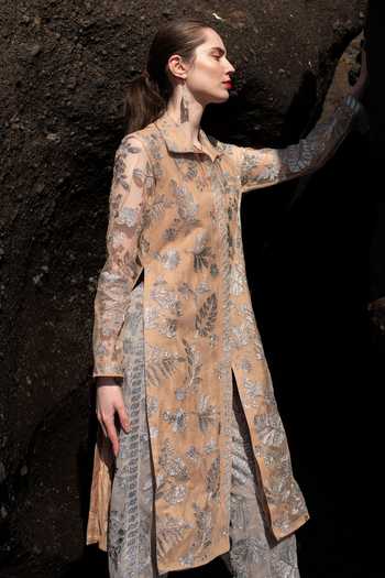 Dash And Dot_Peach Nylon Embroidery, Metallic Thread Collared Longline Shirt And Pant Set _Online_at_Aza_Fashions