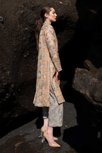 Shop_Dash And Dot_Peach Nylon Embroidery, Metallic Thread Collared Longline Shirt And Pant Set _Online_at_Aza_Fashions