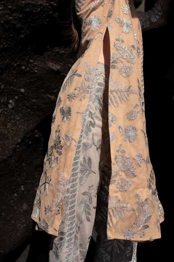 Dash And Dot_Peach Nylon Embroidery, Metallic Thread Collared Longline Shirt And Pant Set _at_Aza_Fashions