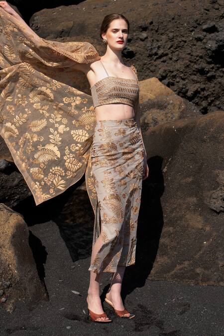 Buy Dash And Dot Grey Nylon Embroidery Square Neck Floral Bandeau And Skirt Set Online at Aza Fashions Buy_Dash And Dot_Grey Nylon Embroidery Square Neck Floral Bandeau And Skirt Set _Online_at_Aza_Fashions