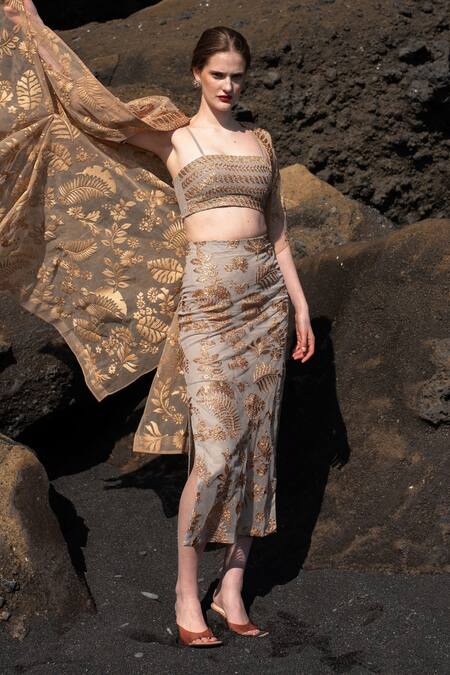 Shop Dash And Dot Grey Nylon Embroidery Square Neck Floral Bandeau And Skirt Set Online at Aza Fashions Shop_Dash And Dot_Grey Nylon Embroidery Square Neck Floral Bandeau And Skirt Set _Online_at_Aza_Fashions