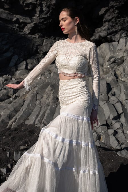 Shop Dash And Dot White Nylon Pearls Round Neck Embroidered Crop Top And Skirt Set at Aza Fashions Shop_Dash And Dot_White Nylon Pearls Round Neck Embroidered Crop Top And Skirt Set _at_Aza_Fashions