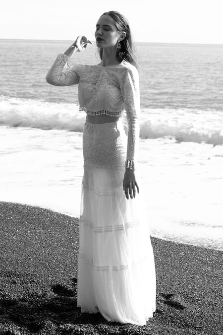 Dash And Dot White Nylon Pearls Round Neck Embroidered Crop Top And Skirt Set Online at Aza Fashions Dash And Dot_White Nylon Pearls Round Neck Embroidered Crop Top And Skirt Set _Online_at_Aza_Fashions