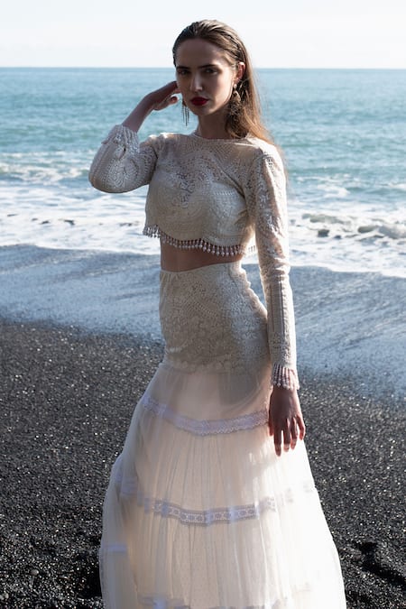 Buy Dash And Dot White Nylon Pearls Round Neck Embroidered Crop Top And Skirt Set Online at Aza Fashions Buy_Dash And Dot_White Nylon Pearls Round Neck Embroidered Crop Top And Skirt Set _Online_at_Aza_Fashions