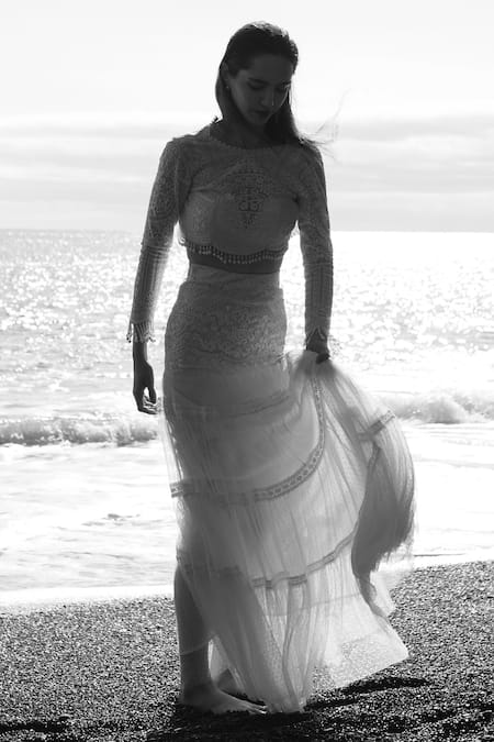 Shop Dash And Dot White Nylon Pearls Round Neck Embroidered Crop Top And Skirt Set Online at Aza Fashions Shop_Dash And Dot_White Nylon Pearls Round Neck Embroidered Crop Top And Skirt Set _Online_at_Aza_Fashions