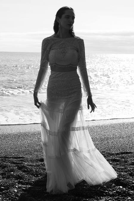 Dash And Dot White Nylon Pearls Round Neck Embroidered Crop Top And Skirt Set at Aza Fashions Dash And Dot_White Nylon Pearls Round Neck Embroidered Crop Top And Skirt Set _at_Aza_Fashions