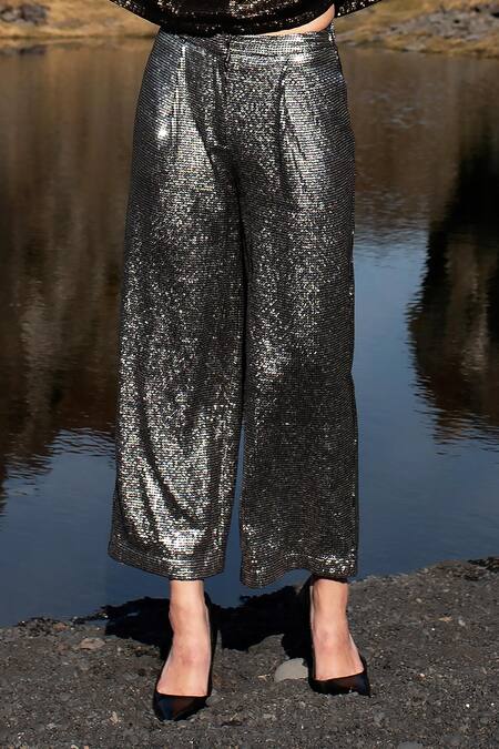 Buy_Dash And Dot_Silver Polyester Sequins Straight Pant_Online_at_Aza_Fashions