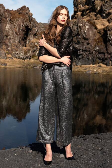 Shop_Dash And Dot_Silver Polyester Sequins Straight Pant_Online_at_Aza_Fashions