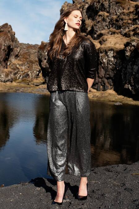 Dash And Dot_Silver Polyester Sequins Straight Pant_at_Aza_Fashions