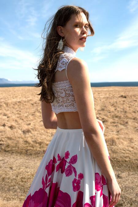 Dash And Dot_White Polyester Embroidery High Neck Lace Crop Top And Floral Maxi Skirt Set_Online_at_Aza_Fashions