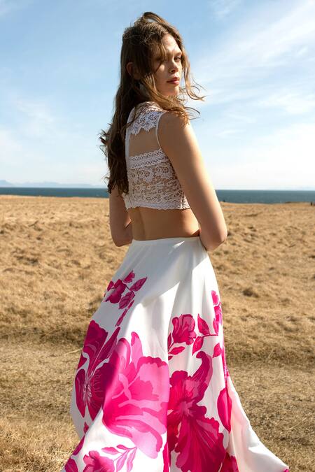 Buy_Dash And Dot_White Polyester Embroidery High Neck Lace Crop Top And Floral Maxi Skirt Set_Online_at_Aza_Fashions