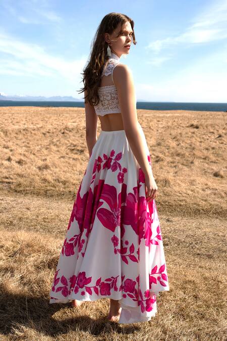 Shop_Dash And Dot_White Polyester Embroidery High Neck Lace Crop Top And Floral Maxi Skirt Set_Online_at_Aza_Fashions