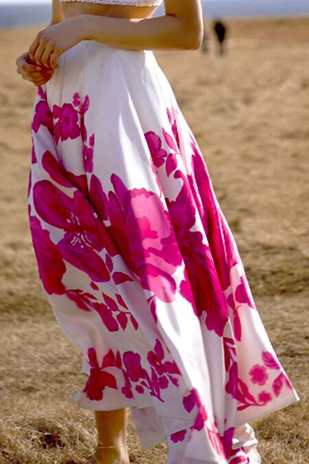 Dash And Dot_White Polyester Embroidery High Neck Lace Crop Top And Floral Maxi Skirt Set_at_Aza_Fashions