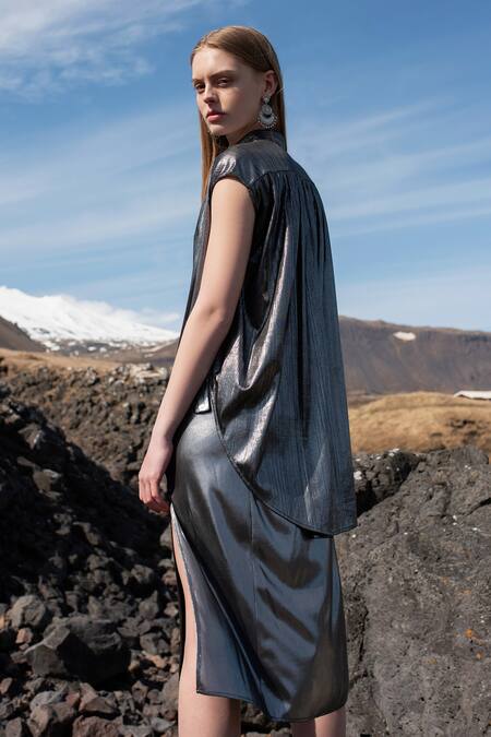 Shop Dash And Dot Silver Polyester Collared Metallic Shirt And Wrap Skirt Set at Aza Fashions Shop_Dash And Dot_Silver Polyester Collared Metallic Shirt And Wrap Skirt Set_at_Aza_Fashions