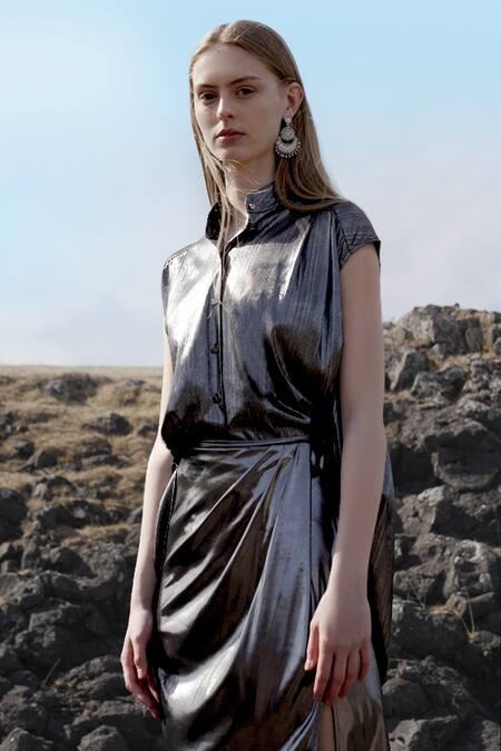 Buy Dash And Dot Silver Polyester Collared Metallic Shirt And Wrap Skirt Set Online at Aza Fashions Buy_Dash And Dot_Silver Polyester Collared Metallic Shirt And Wrap Skirt Set_Online_at_Aza_Fashions