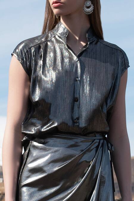 Shop Dash And Dot Silver Polyester Collared Metallic Shirt And Wrap Skirt Set Online at Aza Fashions Shop_Dash And Dot_Silver Polyester Collared Metallic Shirt And Wrap Skirt Set_Online_at_Aza_Fashions