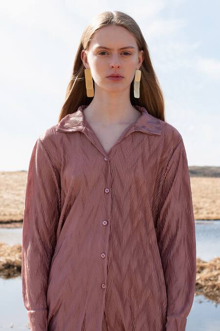 Dash And Dot_Pink Polyester Collared Pleated Longline Shirt And Pant Set_Online_at_Aza_Fashions