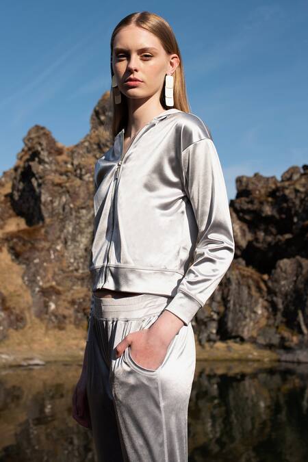 Dash And Dot Silver Polyester High Neck Metallic Hooded Track Suit Online at Aza Fashions Dash And Dot_Silver Polyester High Neck Metallic Hooded Track Suit_Online_at_Aza_Fashions