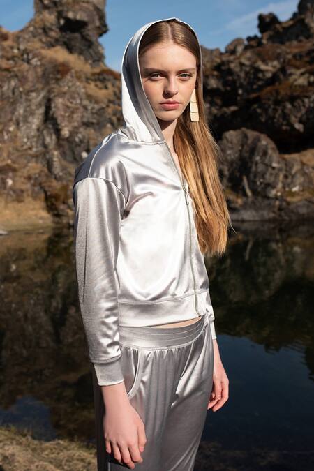 Buy Dash And Dot Silver Polyester High Neck Metallic Hooded Track Suit Online at Aza Fashions Buy_Dash And Dot_Silver Polyester High Neck Metallic Hooded Track Suit_Online_at_Aza_Fashions