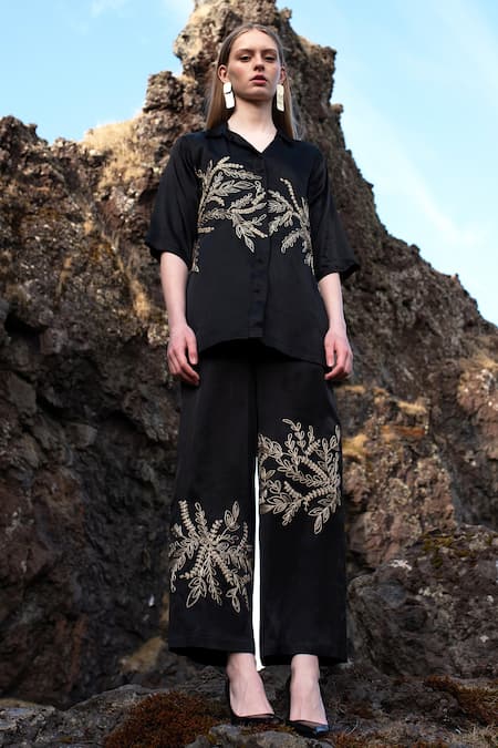 Dash And Dot_Black Cotton, Viscose Embroidery Collared Placement Dori Shirt And Pant Set _Online_at_Aza_Fashions