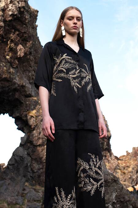 Buy_Dash And Dot_Black Cotton, Viscose Embroidery Collared Placement Dori Shirt And Pant Set _Online_at_Aza_Fashions
