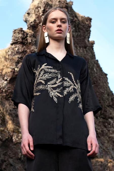 Shop_Dash And Dot_Black Cotton, Viscose Embroidery Collared Placement Dori Shirt And Pant Set _Online_at_Aza_Fashions