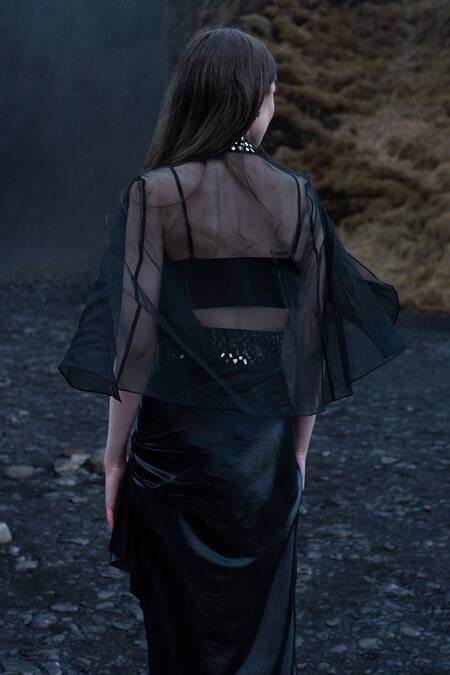 Shop Dash And Dot Black Polyester Mirrors Embroidered Cape And Draped Dhoti Skirt Set at Aza Fashions Shop_Dash And Dot_Black Polyester Mirrors Embroidered Cape And Draped Dhoti Skirt Set_at_Aza_Fashions