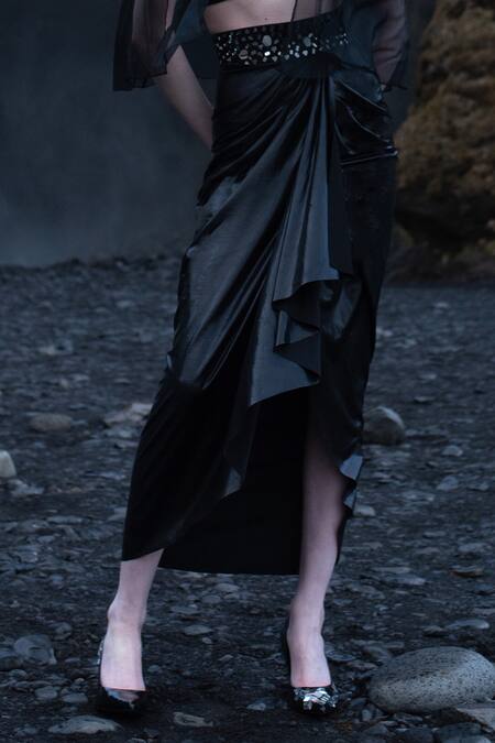 Dash And Dot Black Polyester Mirrors Embroidered Cape And Draped Dhoti Skirt Set Online at Aza Fashions Dash And Dot_Black Polyester Mirrors Embroidered Cape And Draped Dhoti Skirt Set_Online_at_Aza_Fashions