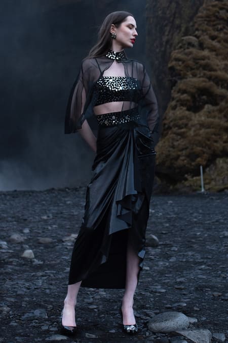 Buy Dash And Dot Black Polyester Mirrors Embroidered Cape And Draped Dhoti Skirt Set Online at Aza Fashions Buy_Dash And Dot_Black Polyester Mirrors Embroidered Cape And Draped Dhoti Skirt Set_Online_at_Aza_Fashions