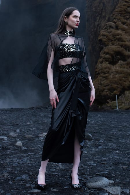 Shop Dash And Dot Black Polyester Mirrors Embroidered Cape And Draped Dhoti Skirt Set Online at Aza Fashions Shop_Dash And Dot_Black Polyester Mirrors Embroidered Cape And Draped Dhoti Skirt Set_Online_at_Aza_Fashions