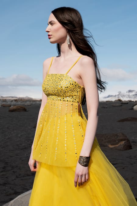 Dash And Dot Yellow Nylon Mirrors Square Neck Embroidered Peplum Top Online at Aza Fashions Dash And Dot_Yellow Nylon Mirrors Square Neck Embroidered Peplum Top _Online_at_Aza_Fashions